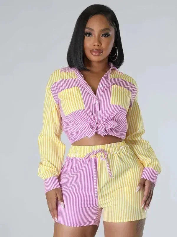 Relaxed Women Striped Cotton Shorts Set - Striped Shorts Set - LeStyleParfait
