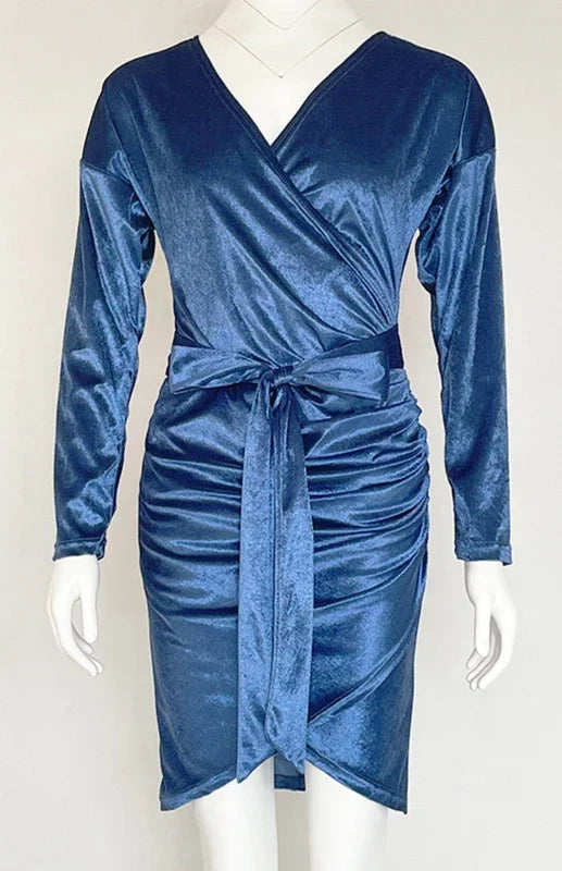 Romantic Blue Velvet Wrap Mini Dress