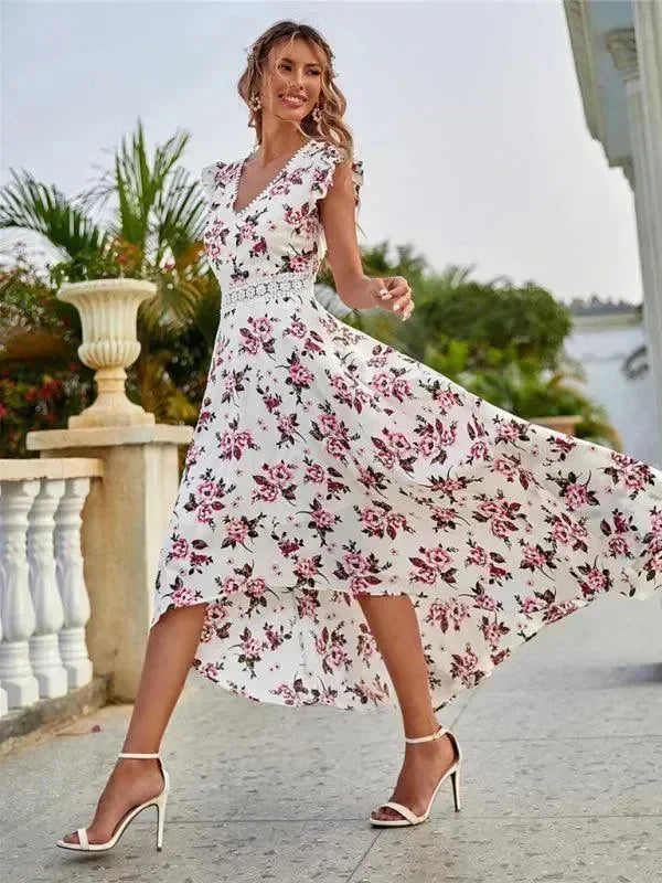 Romantic Floral Asymmetric Chiffon Maxi Dress fashion image