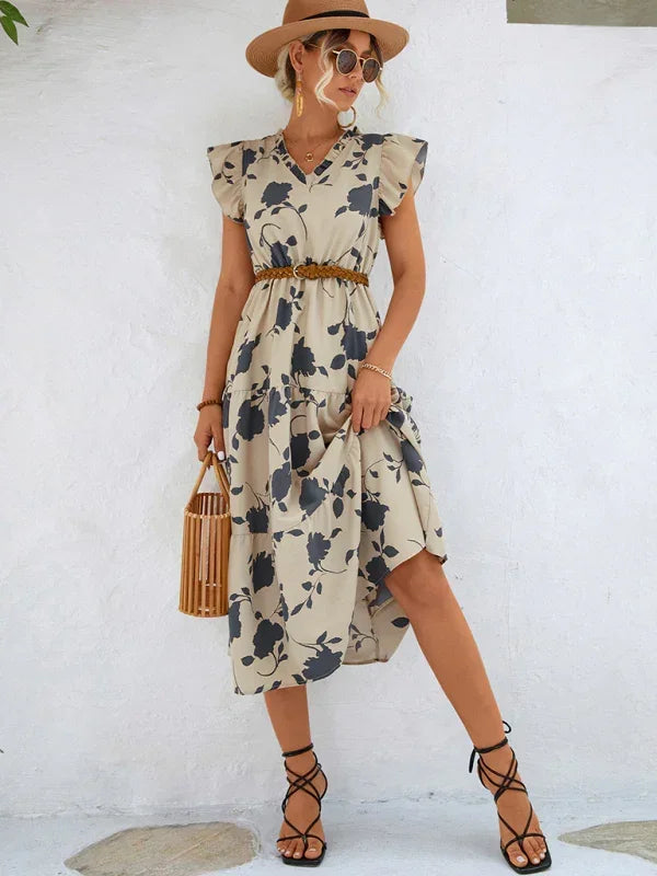 Romantic Floral Chiffon Flutter Midi Dress