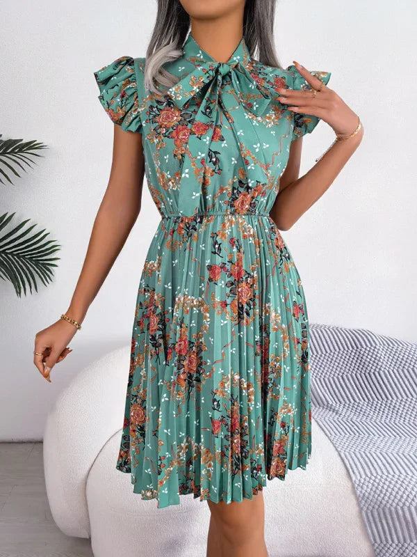 Romantic Floral High-Neck Chiffon Midi Dress