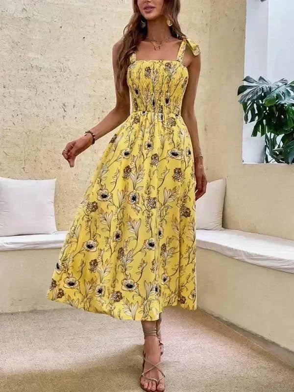 Romantic Green Floral Cotton Midi Dress