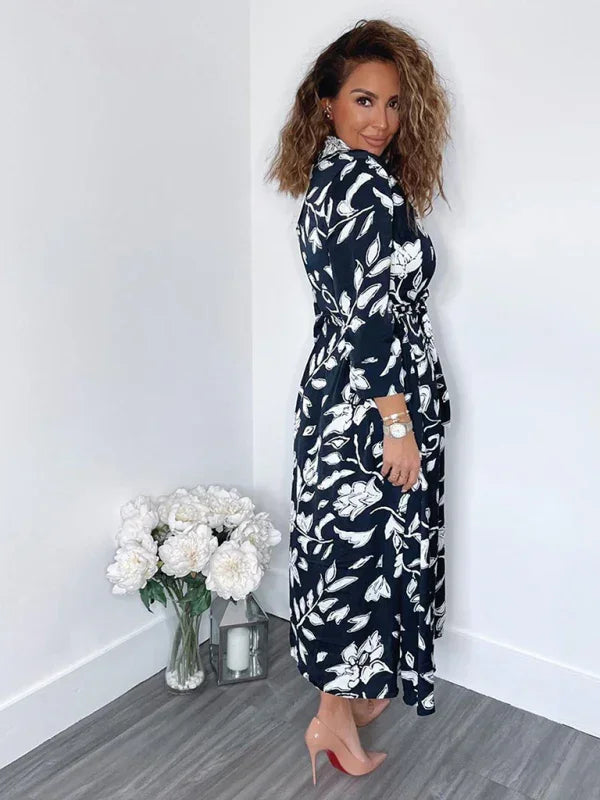 Romantic Navy Floral Wrap Midi Dress