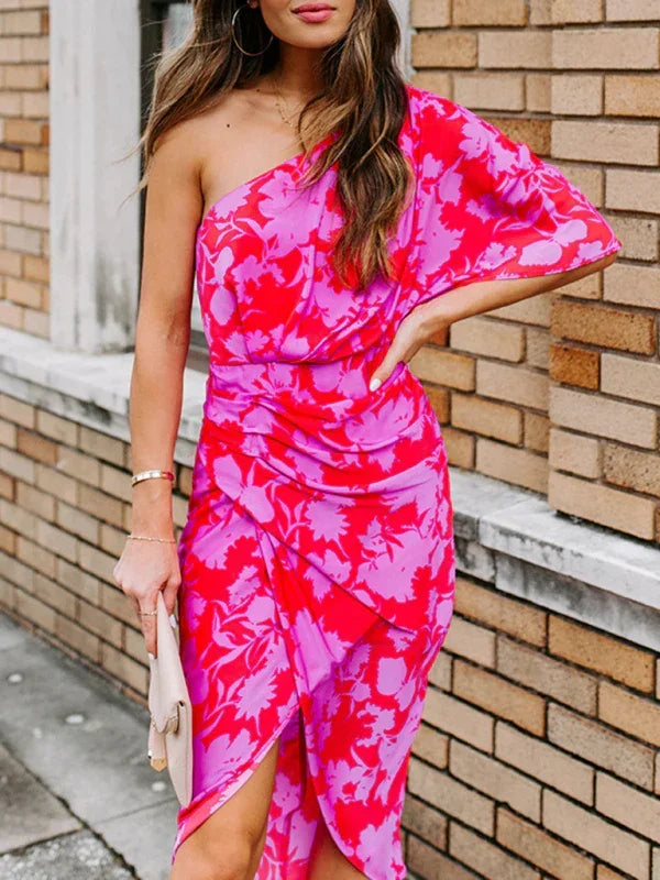 Romantic Pink Floral Wrap Midi Dress fashion image
