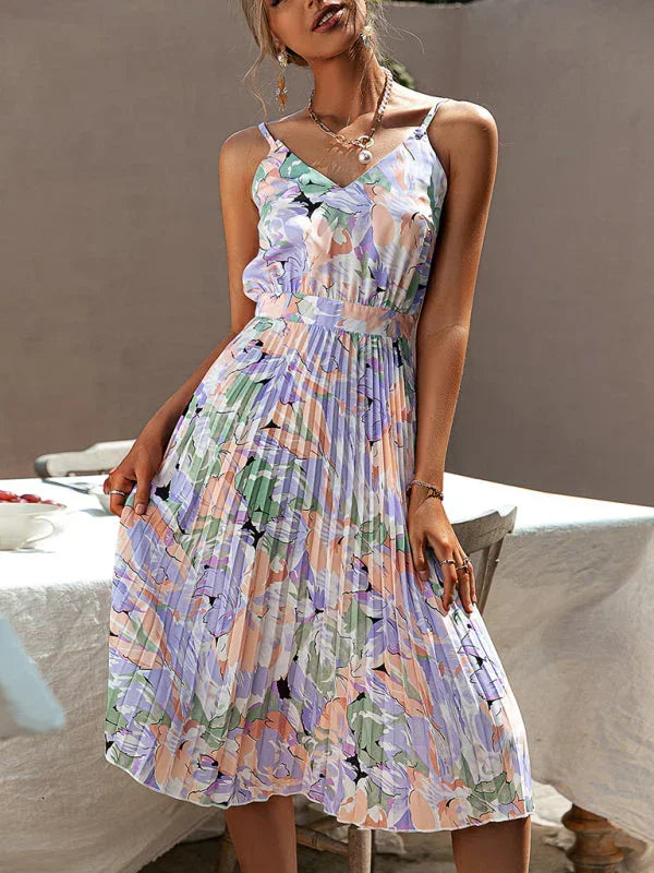 Romantic Purple Floral Chiffon Midi Dress fashion image
