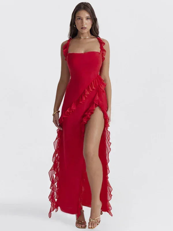 Romantic Red Chiffon Maxi Evening Dress fashion image