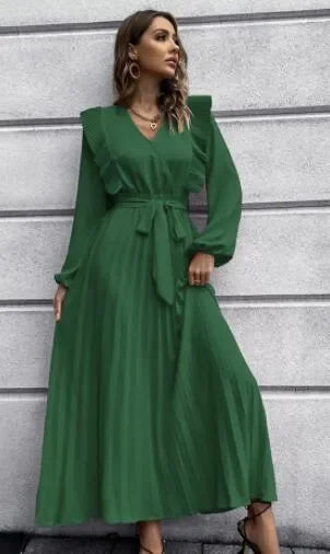 Romantic Red Pleated Wrap Maxi Dress