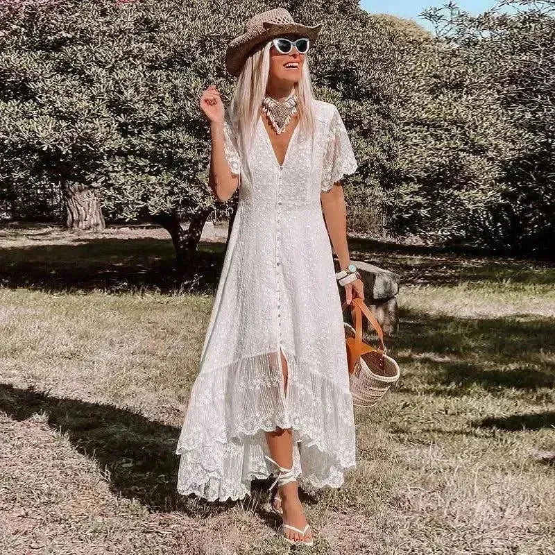 Romantic White Lace Asymmetric Maxi Dress fashion image
