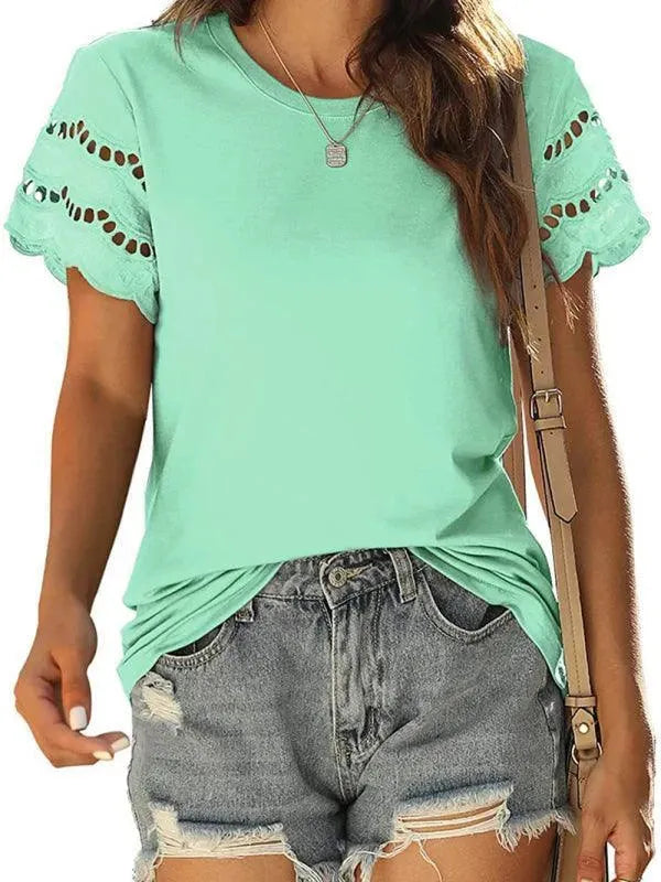 Short Sleeve Solid Lace Knit Women Top - Women Tops - LeStyleParfait