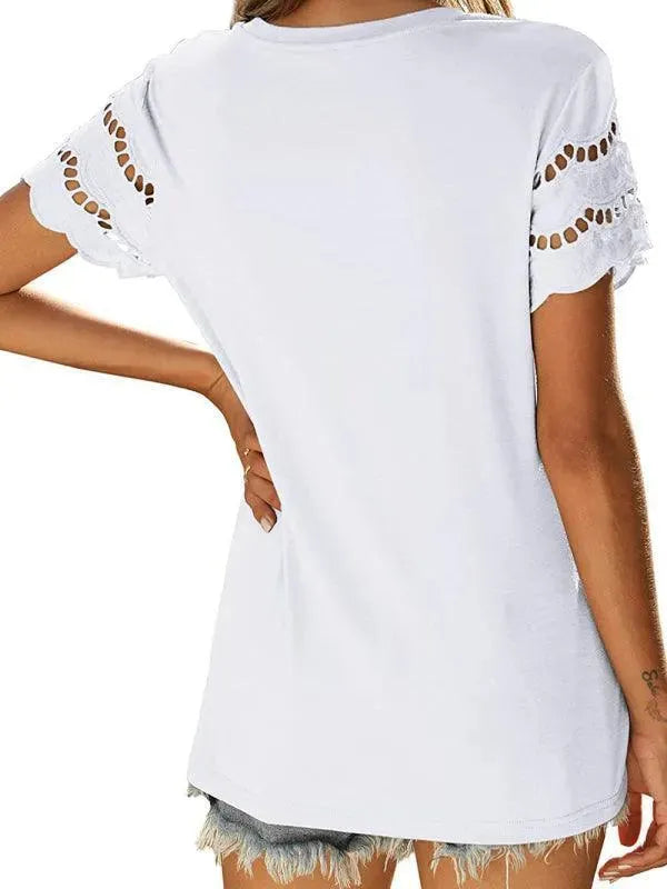 Short Sleeve Solid Lace Knit Women Top - Women Tops - LeStyleParfait