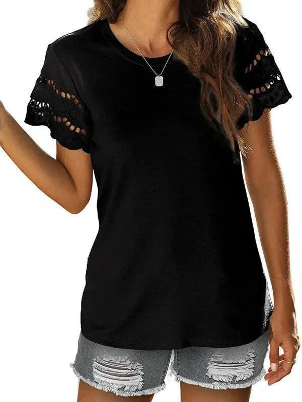Short Sleeve Solid Lace Knit Women Top - Women Tops - LeStyleParfait