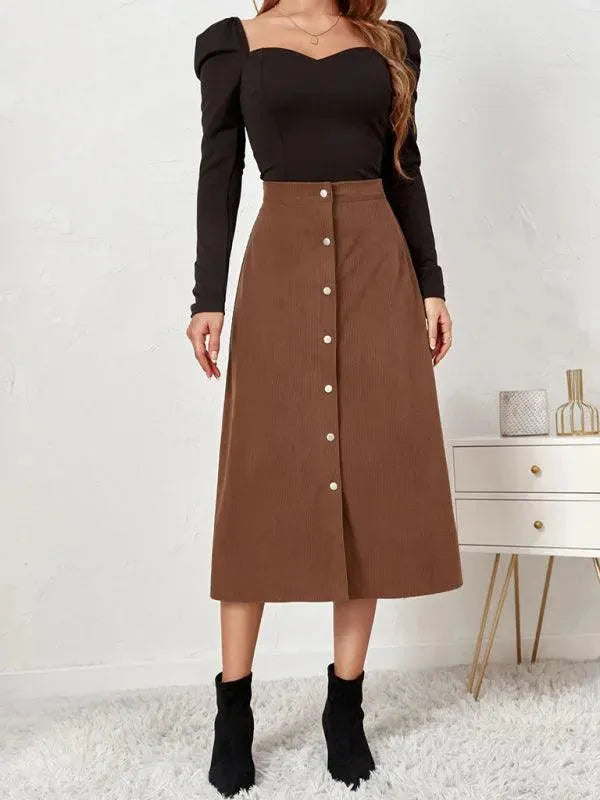 Single Breasted Midi Skirt-Women's Skirt-LeStyleParfait