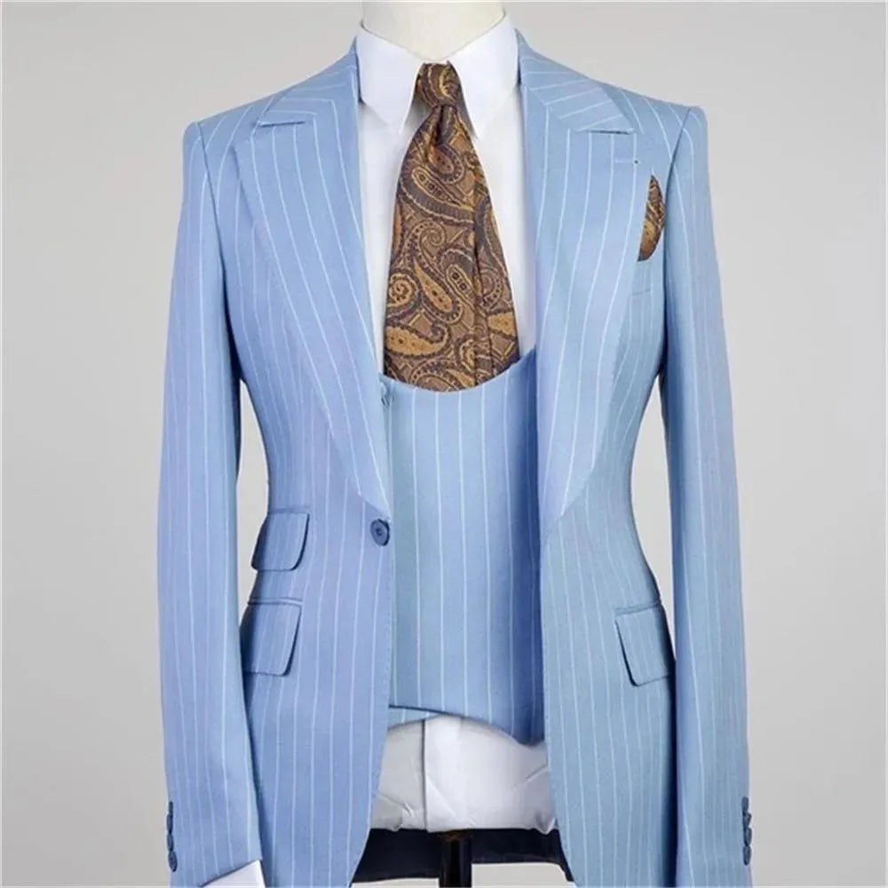 Sky Blue Striped Three Piece Suit - Three Piece Suit - LeStyleParfait