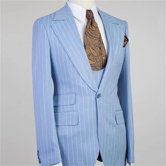 Sky Blue Striped Three Piece Suit - Three Piece Suit - LeStyleParfait