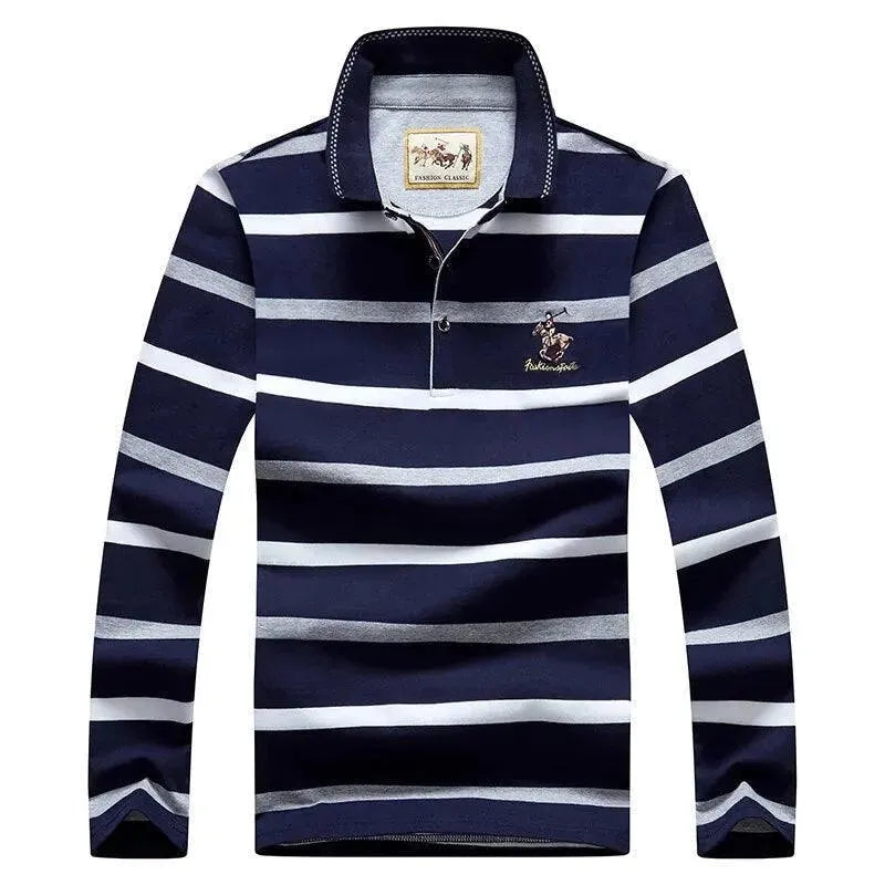 Striped Men Polo Shirt Cotton Long Sleeve-Polo Shirt-LeStyleParfait