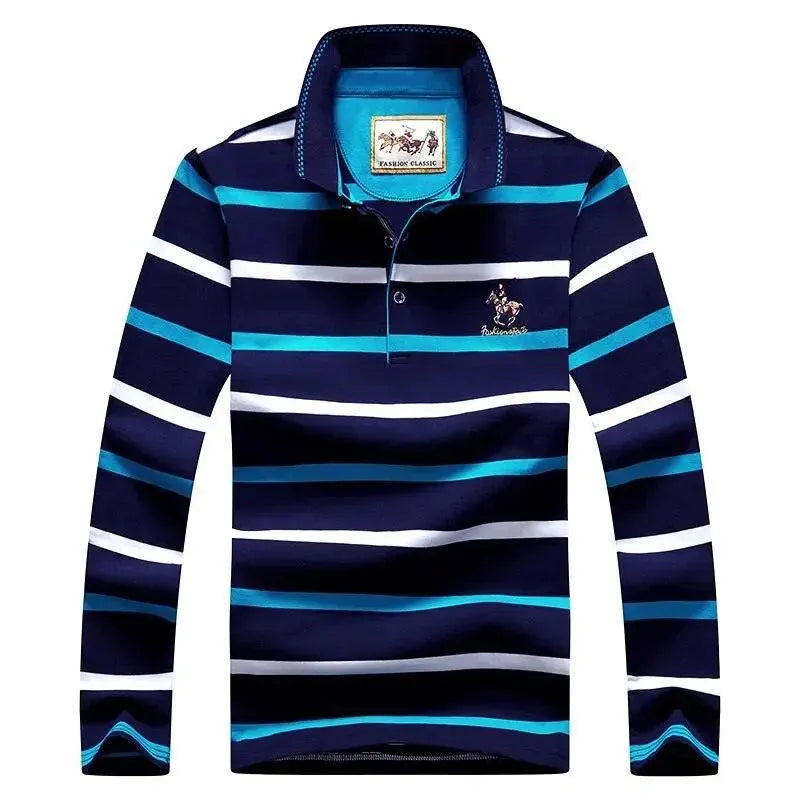 Striped Men Polo Shirt Cotton Long Sleeve-Polo Shirt-LeStyleParfait
