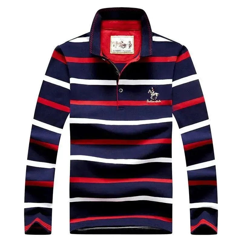 Striped Men Polo Shirt Cotton Long Sleeve-Polo Shirt-LeStyleParfait
