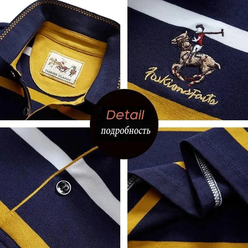 Striped Men Polo Shirt Cotton Long Sleeve-Polo Shirt-LeStyleParfait
