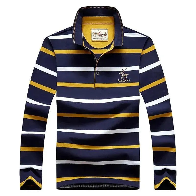 Striped Men Polo Shirt Cotton Long Sleeve-Polo Shirt-LeStyleParfait
