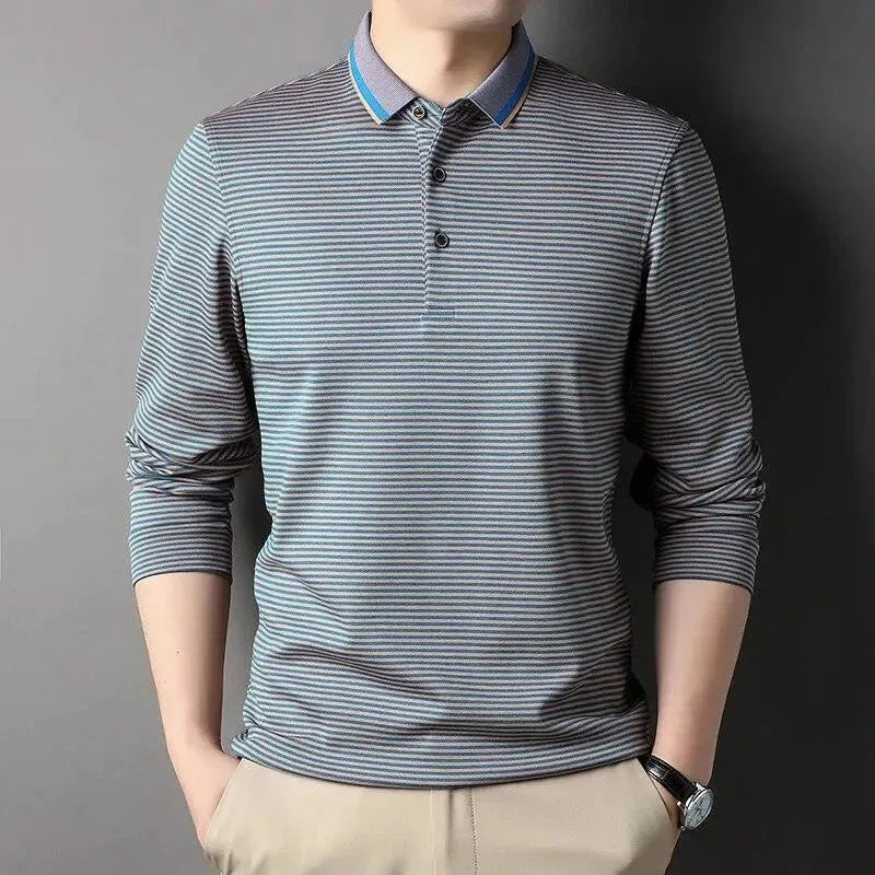 Striped Polo Shirt Long Sleeves-Polo Shirt-LeStyleParfait