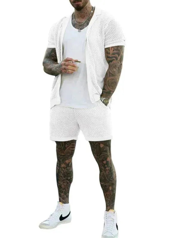 Stylish Mesh Short Sleeve Two-Piece Set - Solid Casual Shorts Two-Piece Set - LeStyleParfait