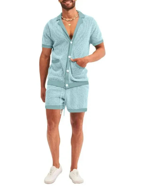 Stylish Mesh Short Sleeve Two-Piece Set - Solid Casual Shorts Two-Piece Set - LeStyleParfait