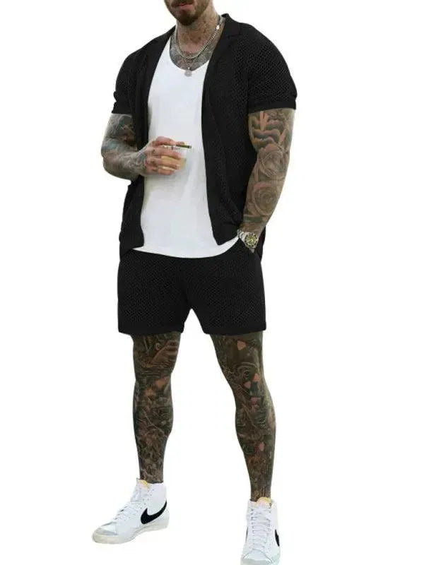 Stylish Mesh Short Sleeve Two-Piece Set - Solid Casual Shorts Two-Piece Set - LeStyleParfait