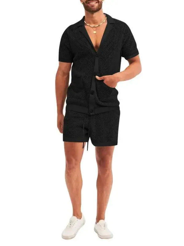 Stylish Mesh Short Sleeve Two-Piece Set - Solid Casual Shorts Two-Piece Set - LeStyleParfait
