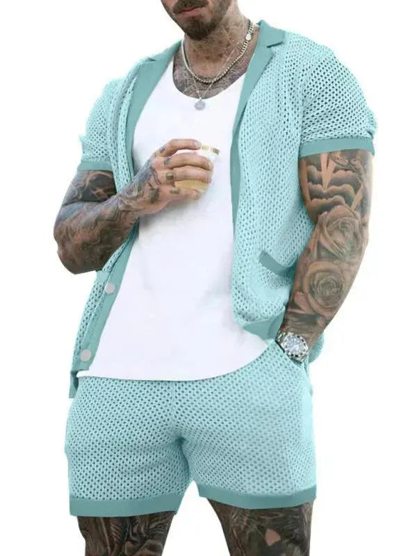 Stylish Mesh Short Sleeve Two-Piece Set - Solid Casual Shorts Two-Piece Set - LeStyleParfait