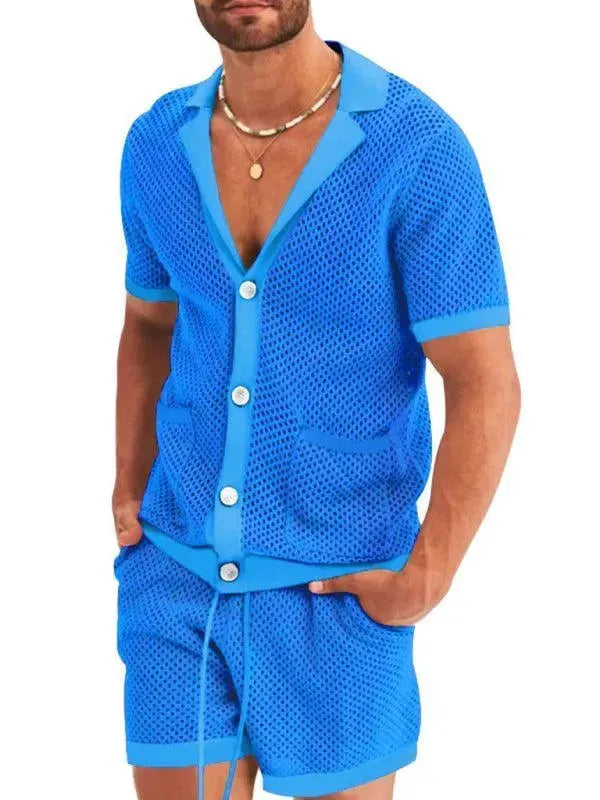 Stylish Mesh Short Sleeve Two-Piece Set - Solid Casual Shorts Two-Piece Set - LeStyleParfait