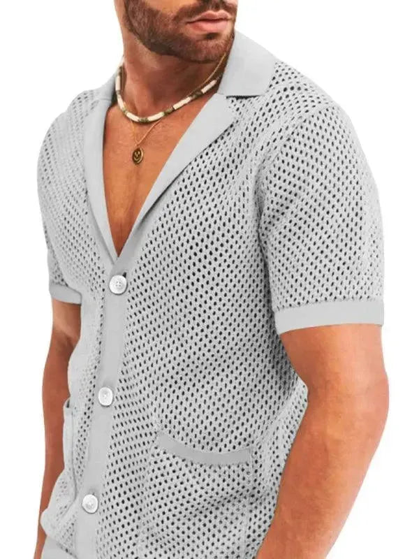 Stylish Mesh Short Sleeve Two-Piece Set - Solid Casual Shorts Two-Piece Set - LeStyleParfait