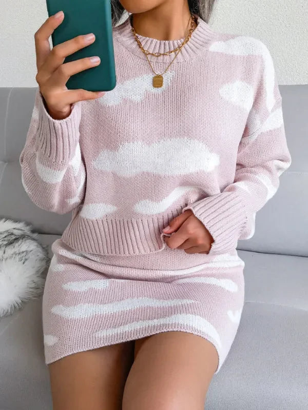 Stylish Women Abstract Knit Two-Piece Skirt Set Casual Crewneck Long Sleeve Relaxed Acrylic Fall | LeStyleParfait