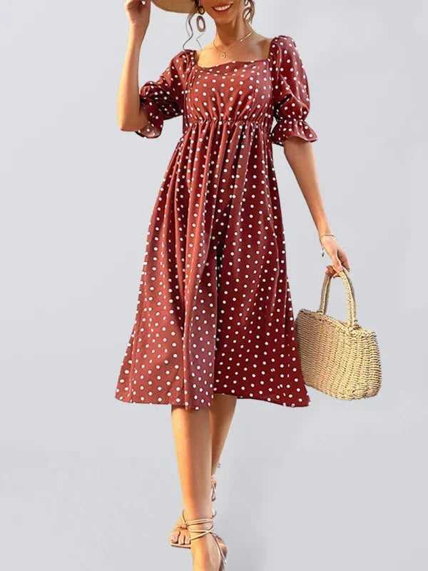 Vintage Red Polka Dot Chiffon Midi Dress