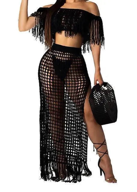 Women Black Crochet Skirted Bikini Cover Up