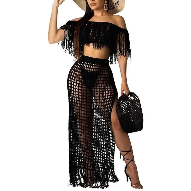 Women Black Crochet Skirted Bikini Cover Up