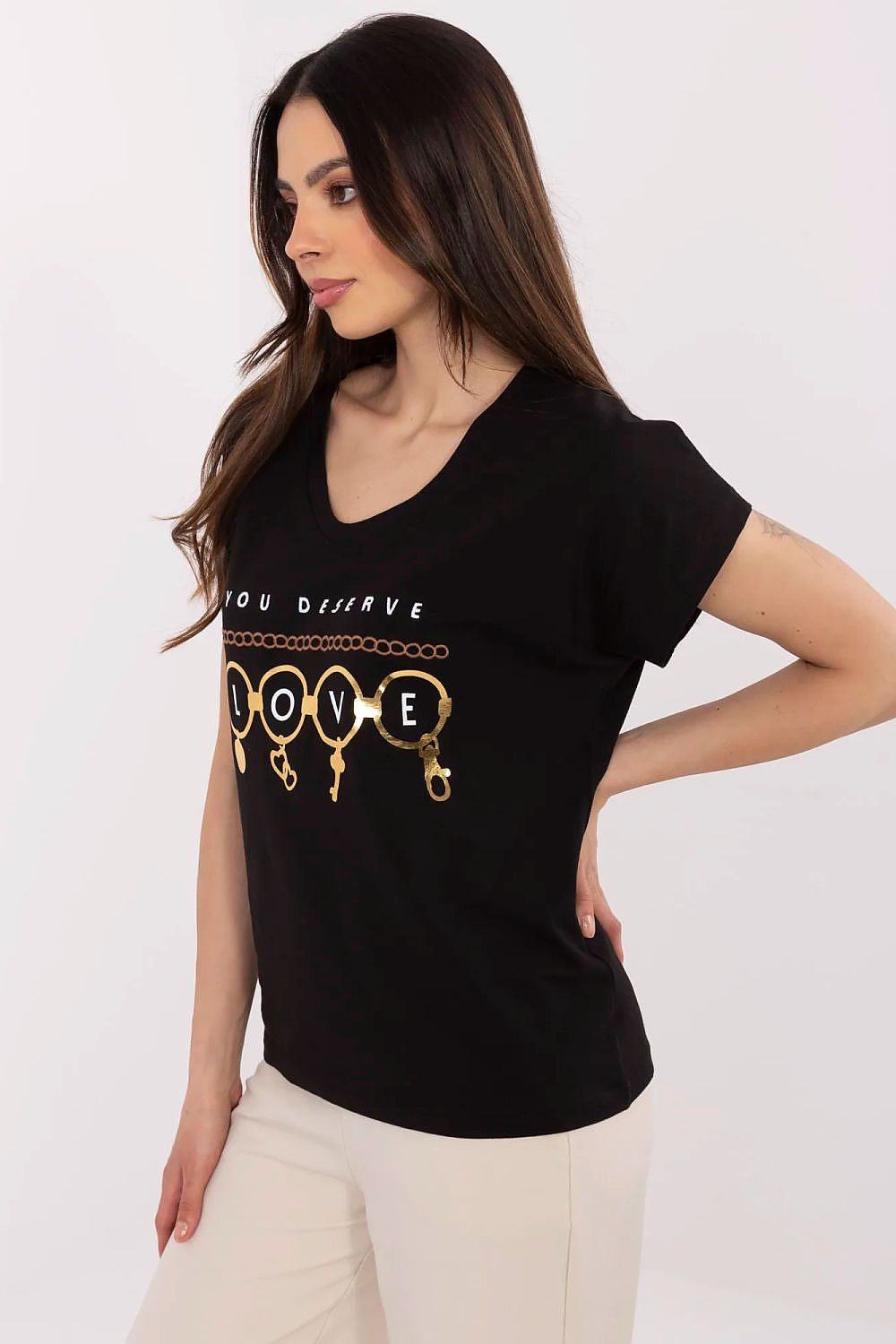 Women Black Graphic V Neck Tshirt-Women T-Shirt-LeStyleParfait