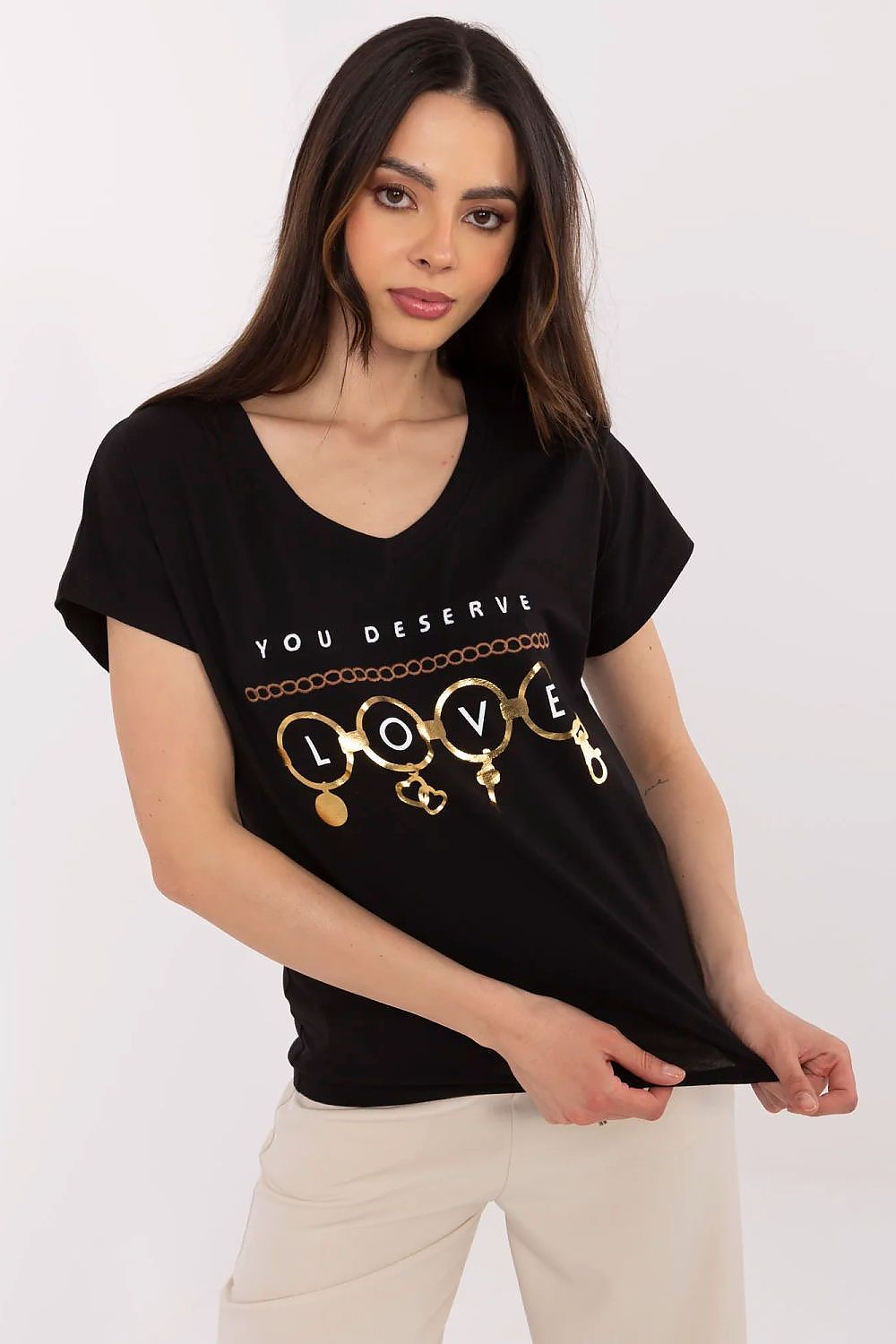 Women Black Graphic V Neck Tshirt-Women T-Shirt-LeStyleParfait