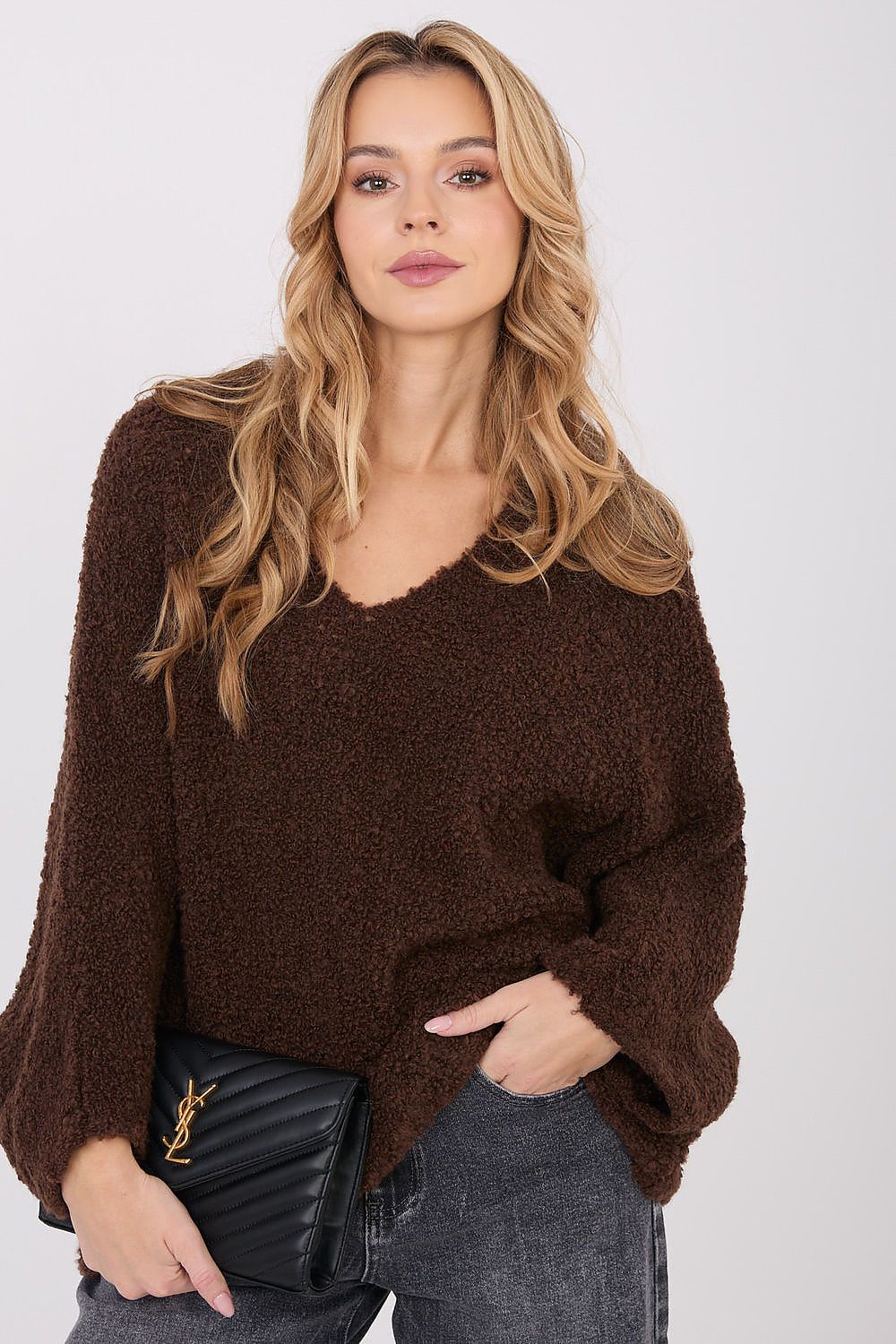 Women Boucle V Neck Sweater Pullover-Women's Sweater-LeStyleParfait