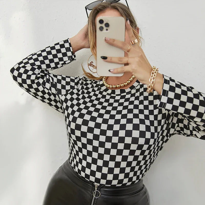 Women Checkered Long Sleeve Casual Tshirt-Women T-Shirt-LeStyleParfait