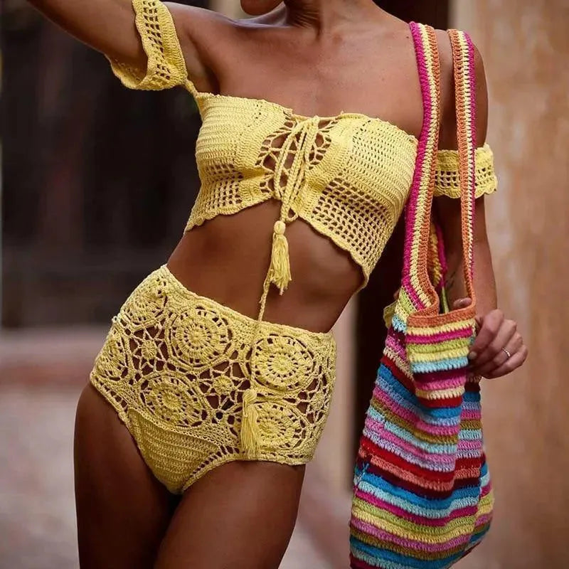 Women Green Crochet Bandeau Bikini Set