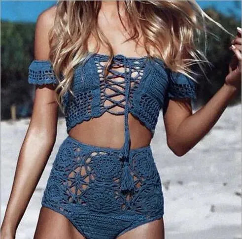 Women Green Crochet Bandeau Bikini Set