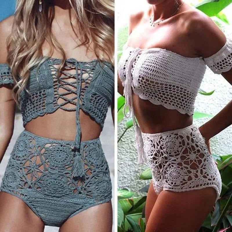 Women Green Crochet Bandeau Bikini Set