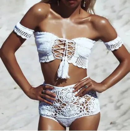 Women Green Crochet Bandeau Bikini Set