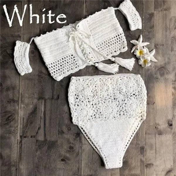Women Green Crochet Bandeau Bikini Set