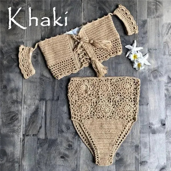 Women Green Crochet Bandeau Bikini Set