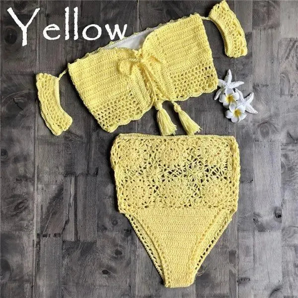 Women Green Crochet Bandeau Bikini Set