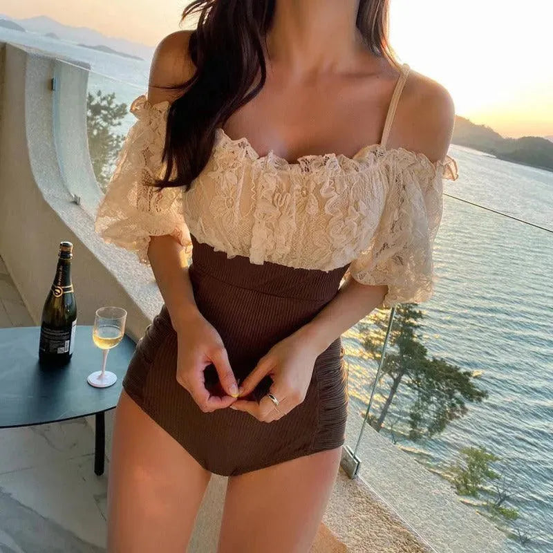Women Khaki Textured One Piece Swimsuit