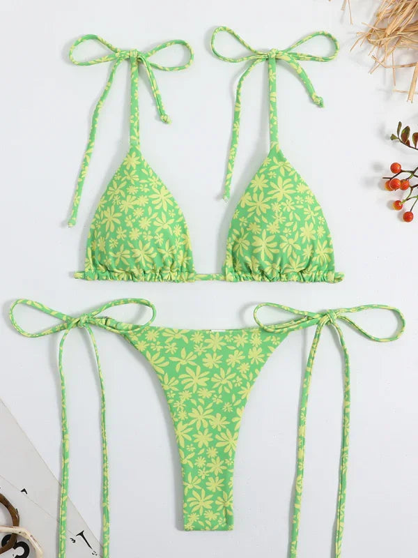 Women Red Floral High Waisted String Bikini Set