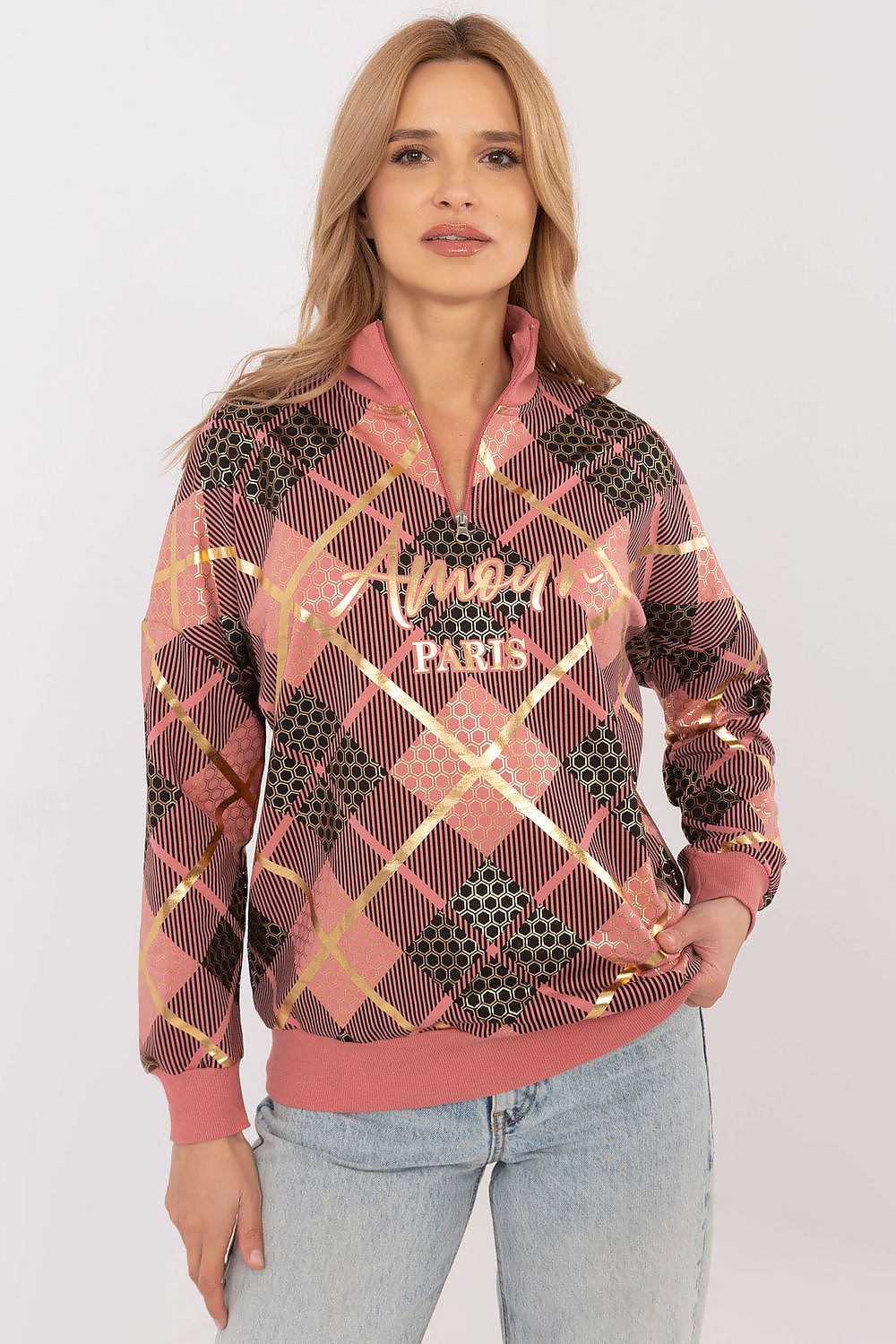 Women Regular Checked Zip-Up Sweatshirt Essential Fit-Women Sweatshirt-LeStyleParfait
