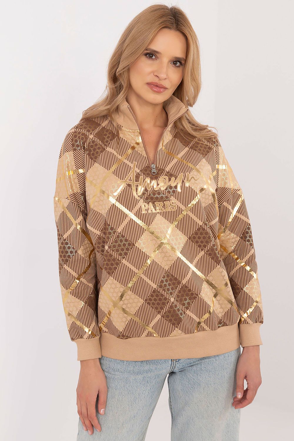 Women Regular Checked Zip-Up Sweatshirt Essential Fit-Women Sweatshirt-LeStyleParfait